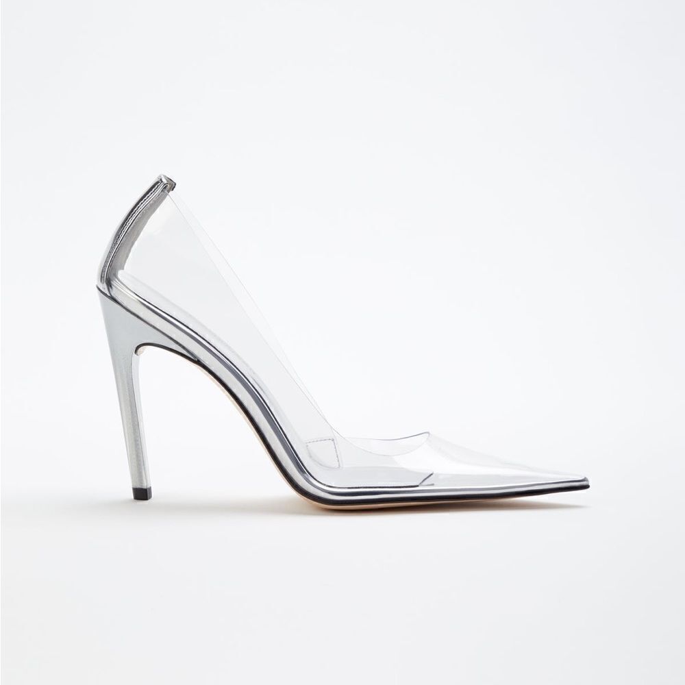 Good American Clear PVC Pointed Toe Stiletto Heels with Silver Trim